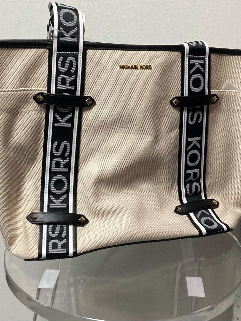 Michael Kors Cream Canvas Tote with Black Logo Straps and Gold Hardware